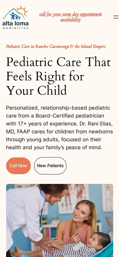 Alta Loma Pediatrics website on a phone