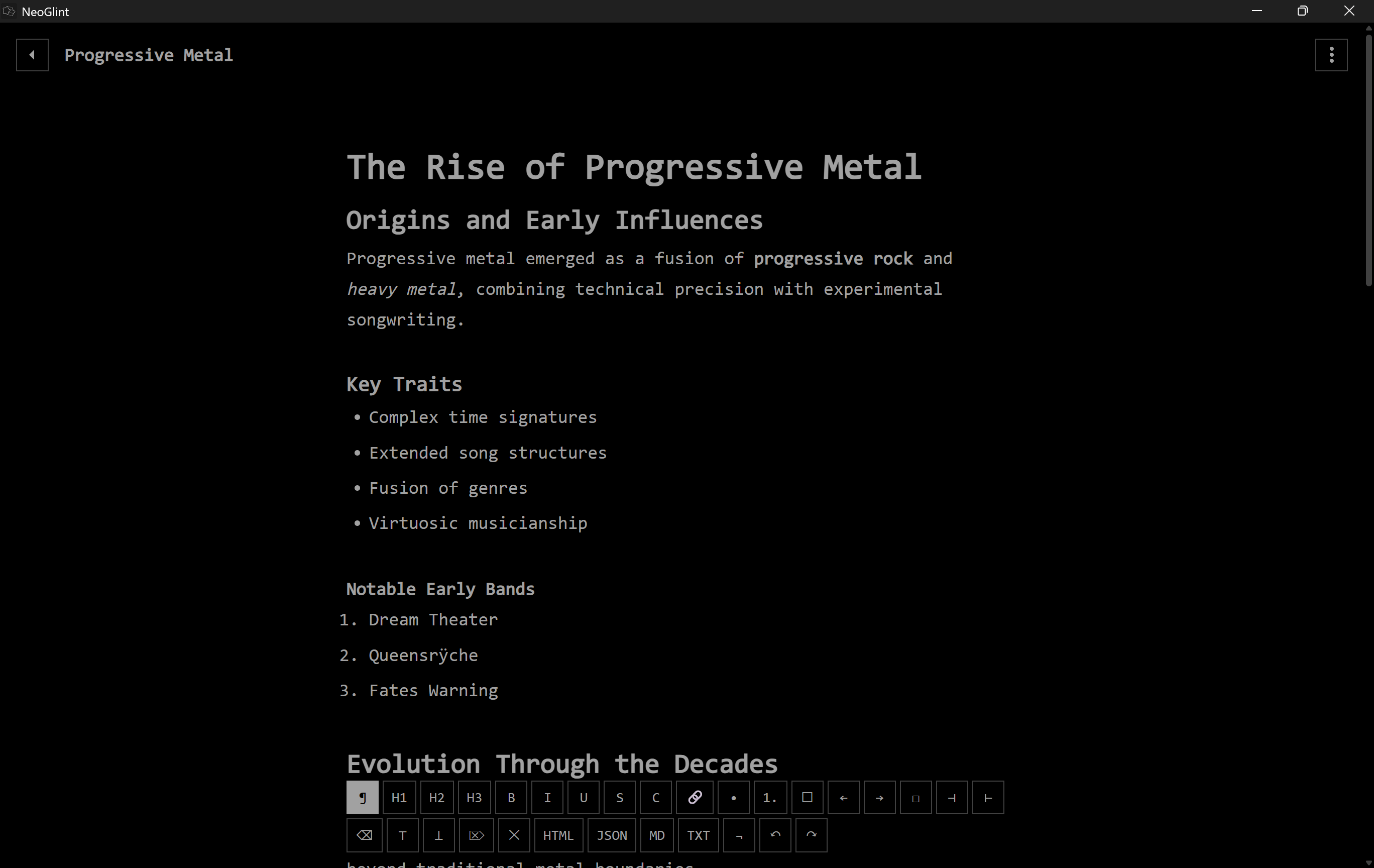 The NeoGlint writing app showing a document in its dark editor